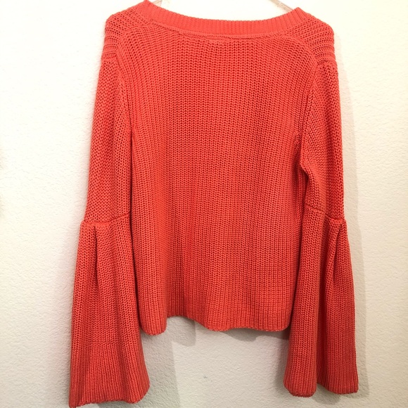Free People Sweater V-Neck Bell Sleeve Coral Orang - Picture 10 of 12
